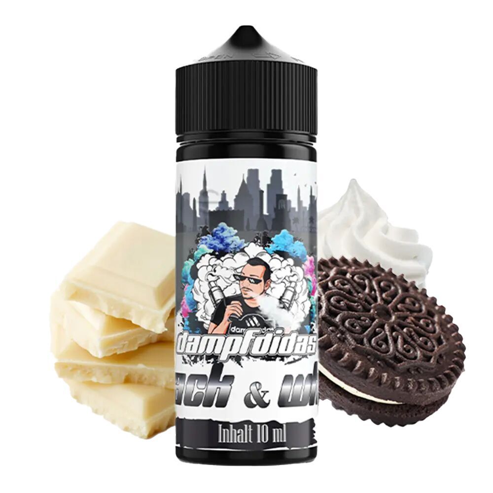 Aroma Black & White von Dampfdidas Dampfdidas Aroma Black & White Flasche vor weißen Schokoladentafeln, einer gefüllten Keks-Doppelhälfte und Sahnehäubchen.