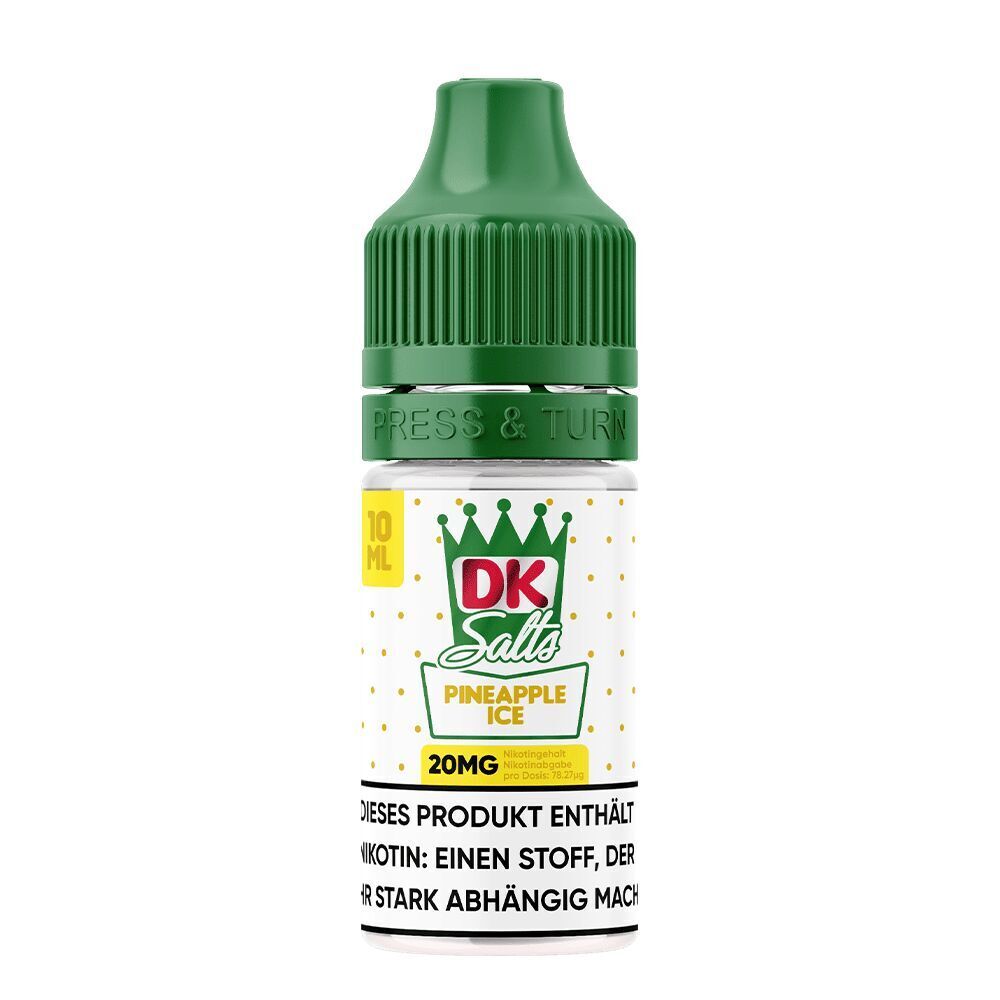 Liquid Pineapple Ice 20mg - DK Salts E-Liquid-Flasche DK Salts Pineapple Ice 20mg mit grünem Deckel und gelbem Etikett, enthält Nikotinwarnung.