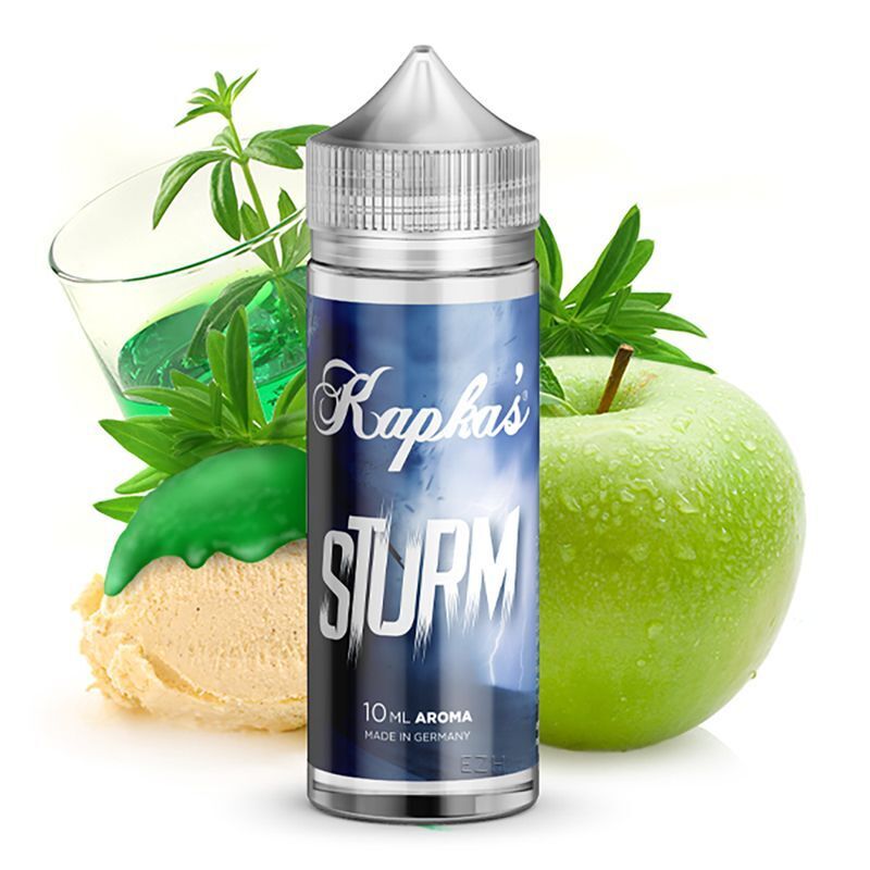 Aroma Sturm von Kapkas Kapkas Aroma - Sturm Flasche mit einem grünen Apfel, einem Glas Kräuterlikör und einer Portion Vanilleeis dekoriert mit frischem grünen Kraut