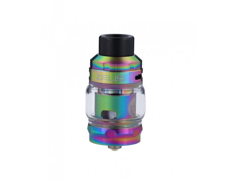GeekVape Z Subohm Clearomizer Set regenbogen GeekVape Z Sub Ohm Clearomizer in Regenbogenfarben mit schwarzem Mundstück und Glasgehäuse, „ZEUS“-Gravur sichtbar.