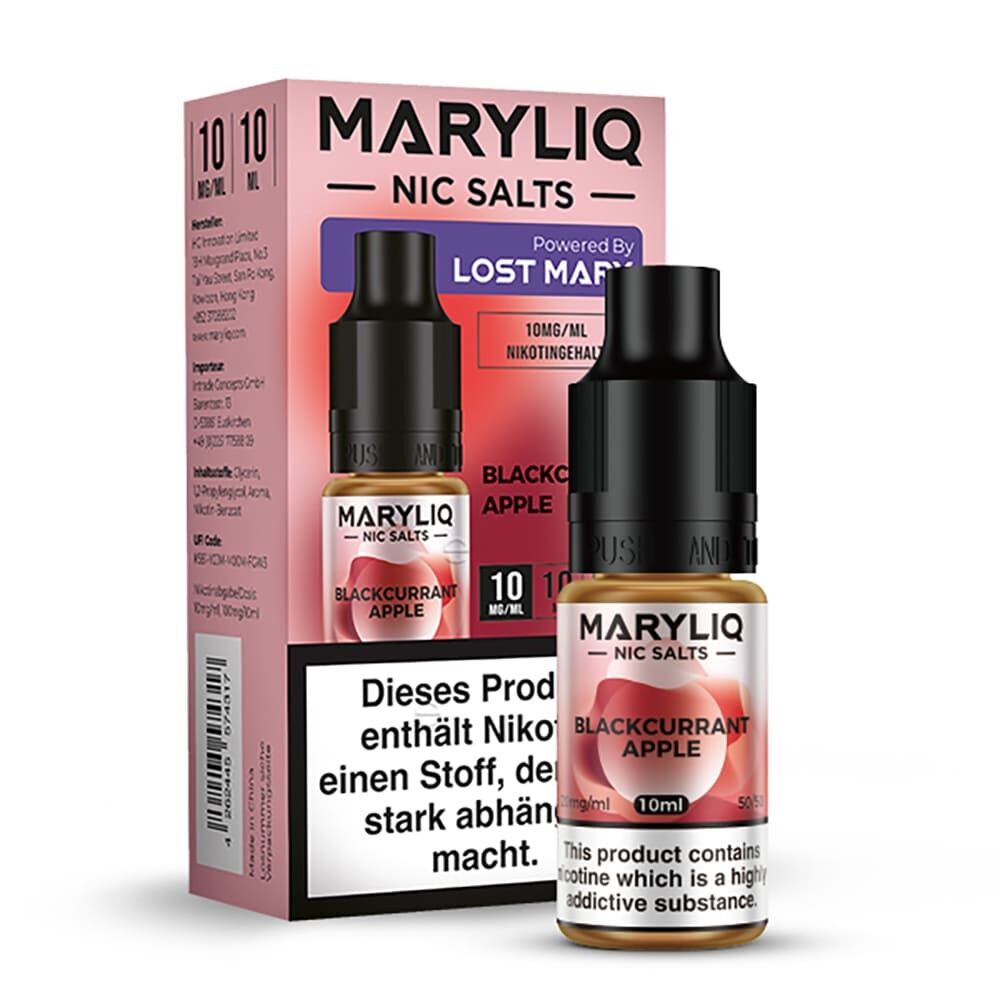 Maryliq Nikotinsalz Blackcurrant Apple 10mg Flasche vor Verpackung, Aufschrift mit Nikotinwarnung, in Rot und Schwarz gehalten.