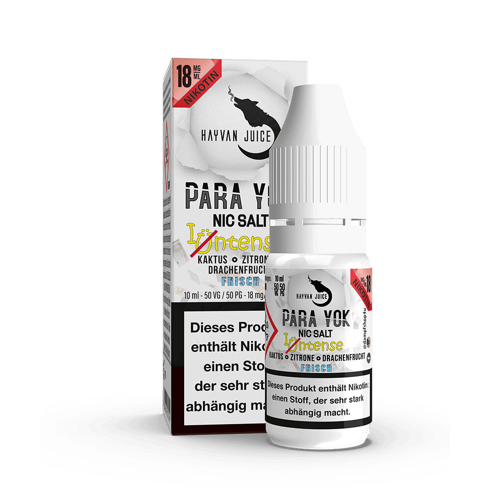 Hayvan Juice Nikotinsalz - Para Yok 18mg Hayvan Juice Nikotinsalz Para Yok 18mg Flasche neben Verpackung; Aroma: Kaktus, Zitrone, Drachenfrucht; enthält Nikotin, 10ml
