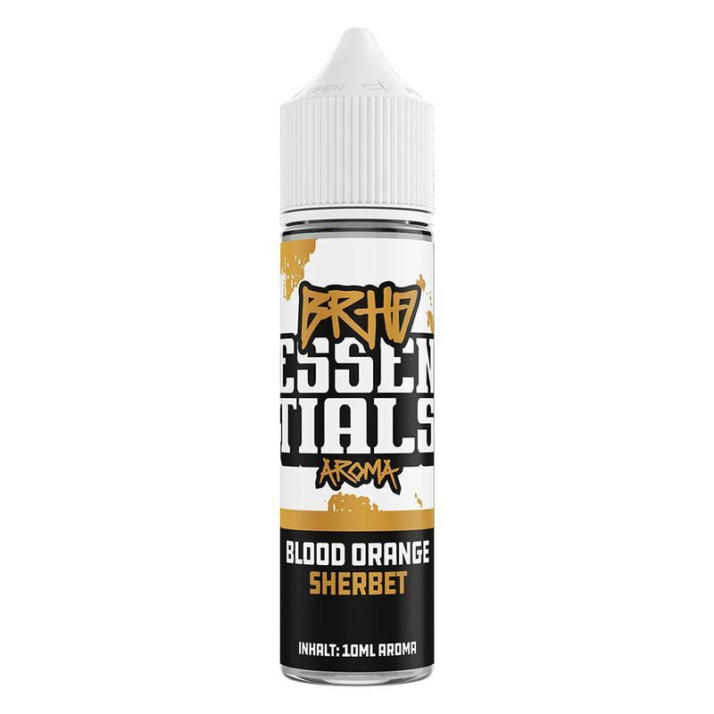 Aroma Blood Orange Sherbet von BRHD BRHD Essentials Aroma Flasche mit Etikett "Blood Orange Sherbet", orange-weiße Highlights, 10ml Inhalt, schwarzer Text auf weißem Hintergrund
