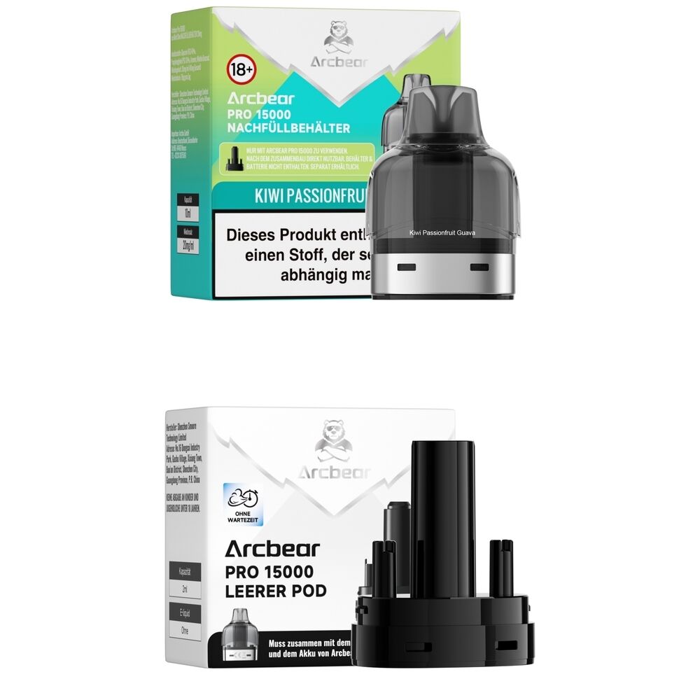 Arcbear Pro 15000 Pods - Kiwi Passionfruit Guava 20mg Arcbear Pro 15000 Pods mit Kiwi Passionfruit Guava Aroma vor der Verpackung, die Hinweise und Warnungen enthält