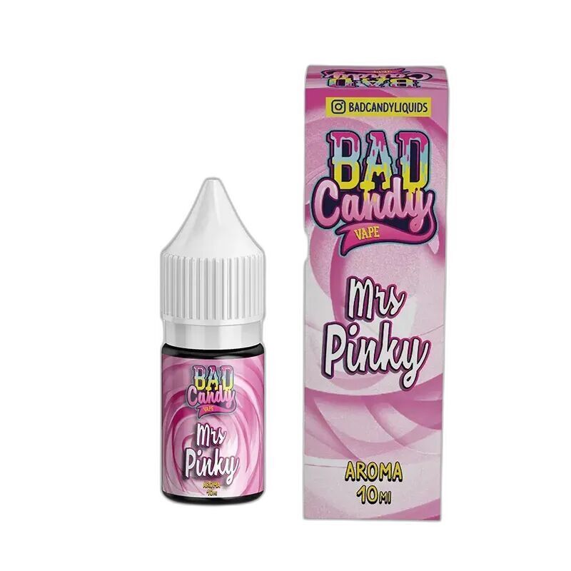 BDC629_2 Flasche und Verpackung des Bad Candy Aroma Mrs Pinky, 10 ml, mit rosa-weißem Design und markantem Branding.