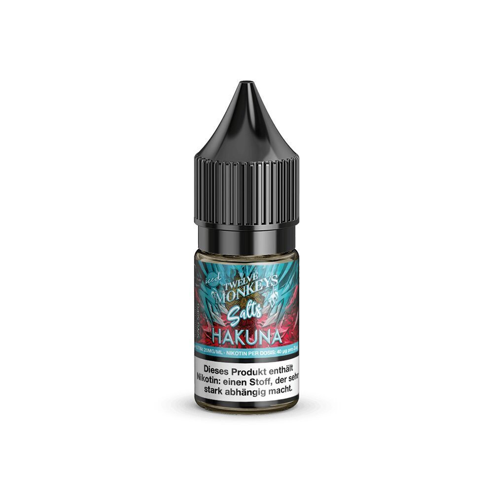 Liquid Hakuna 20mg - Twelve Monkeys E-Liquid-Flasche Twelve Monkeys Nikotinsalz Hakuna 20mg mit tropischem Design und Warntext zu Nikotingehalt auf dem Etikett