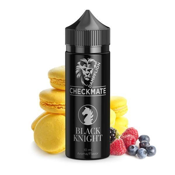 Aroma Black Knight von Dampflion Checkmate Eine Flasche Dampflion Checkmate Aroma Black Knight mit gelben Macarons und Beeren im Hintergrund.