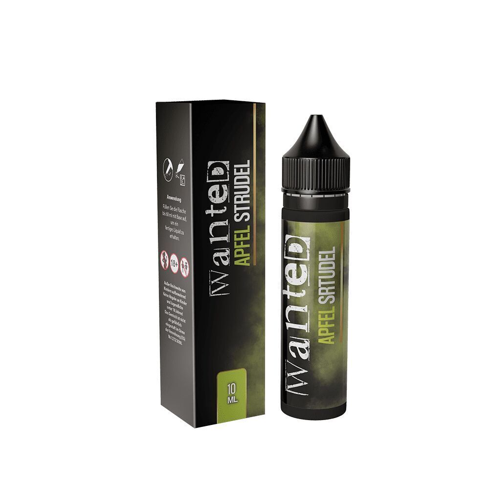 Aroma Apfelstrudel von Wanted Flasche und Verpackung des Aromas Wanted Apfelstrudel, 10 ml, mit grüner und schwarzer Farbgebung und prägnanter Beschriftung.
