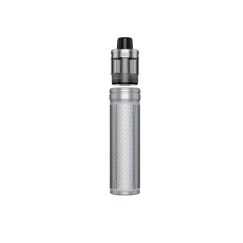 Voopoo Drag X2 Pod Kit in silbernem Design mit graviertem Muster und schwarzem Mundstück.
