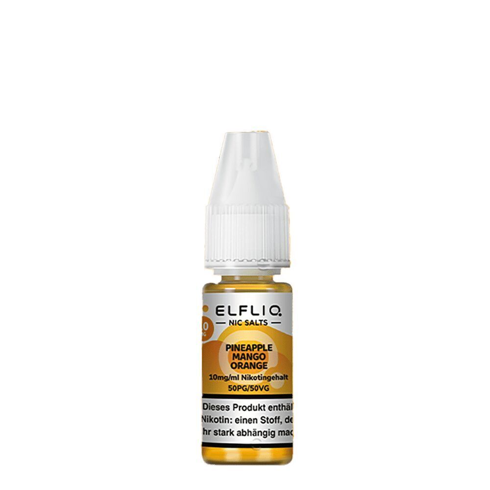 Elfliq Nikotinsalz - Pineapple Mango Orange 10mg Elfliq Nikotinsalz-Flasche mit Aufschrift "Pineapple Mango Orange", 10mg/ml Nikotingehalt, 50PG/50VG, auf weißem Hintergrund.