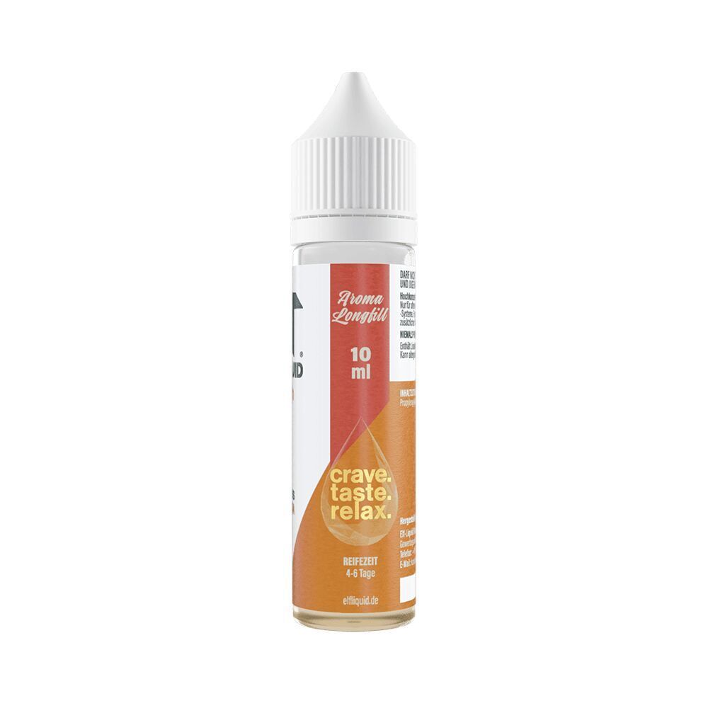 Elf Liquid Aroma - Pfirsich Flasche Elf Liquid Aroma Pfirsich, Aroma Longfill 10 ml, Aufschrift crave. taste. relax., orange Etikett mit weißem Verschluss