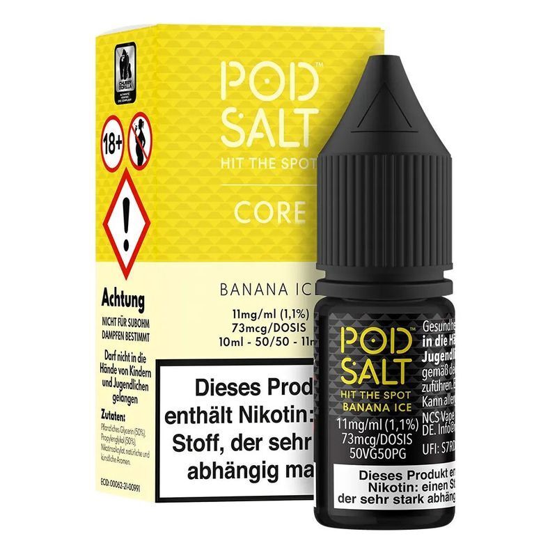 Liquid Banana Ice von Pod Salt Core Pod Salt Core Nikotinsalz - Banana Ice 11mg Flasche und gelbe Verpackung mit Warnhinweisen und Symbolen sichtbar