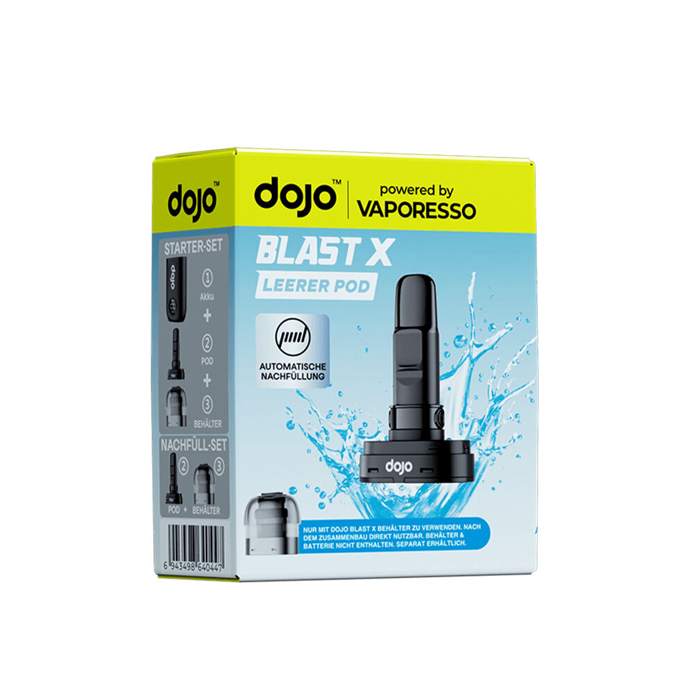 Vaporesso Dojo Blast X Leerpod Verpackung des Vaporesso Dojo Blast X Leerpod mit Bild des Pods und Text wie „Automatische Nachfüllung“, gelb-blaues Design.