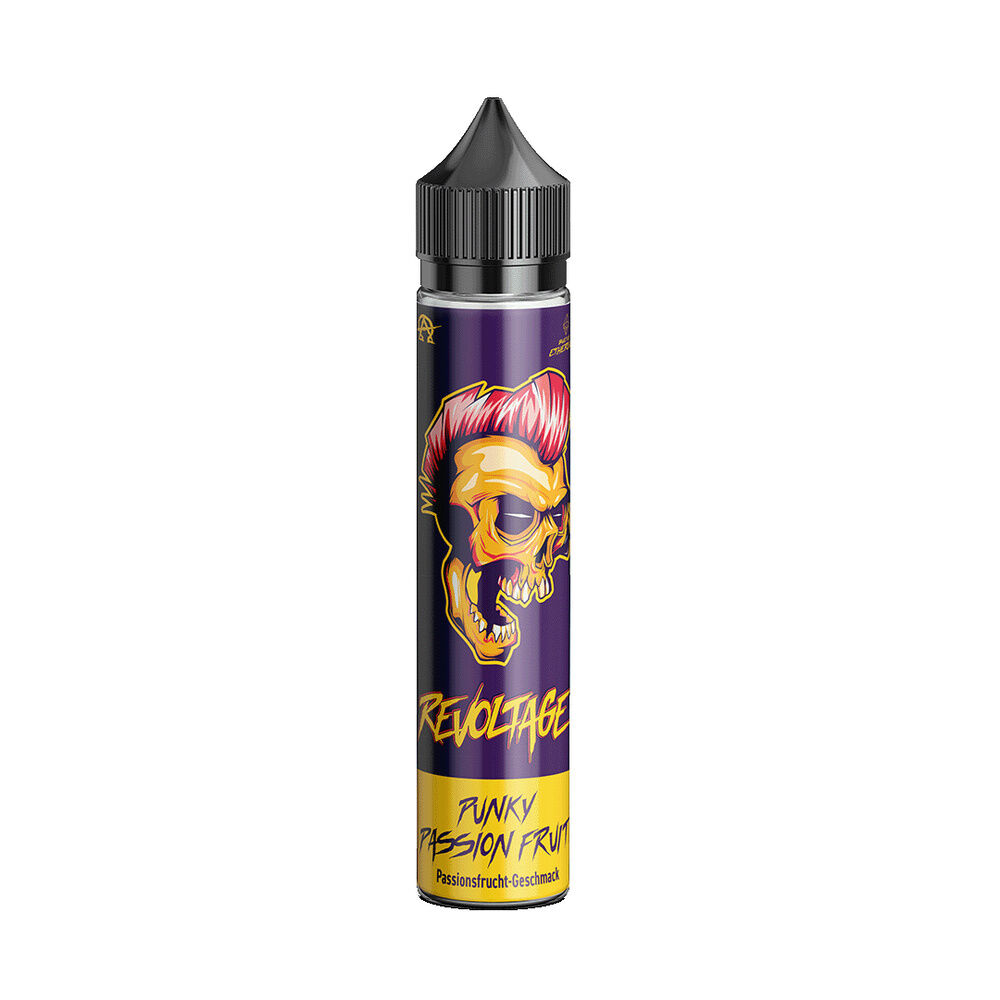 revoltage-longfill-aroma-punky-passion-fruit Revoltage Longfill Aroma Flasche mit gelbem Totenkopf auf lila Hintergrund, Aufschrift Punky Passion Fruit, schwarzer Deckel