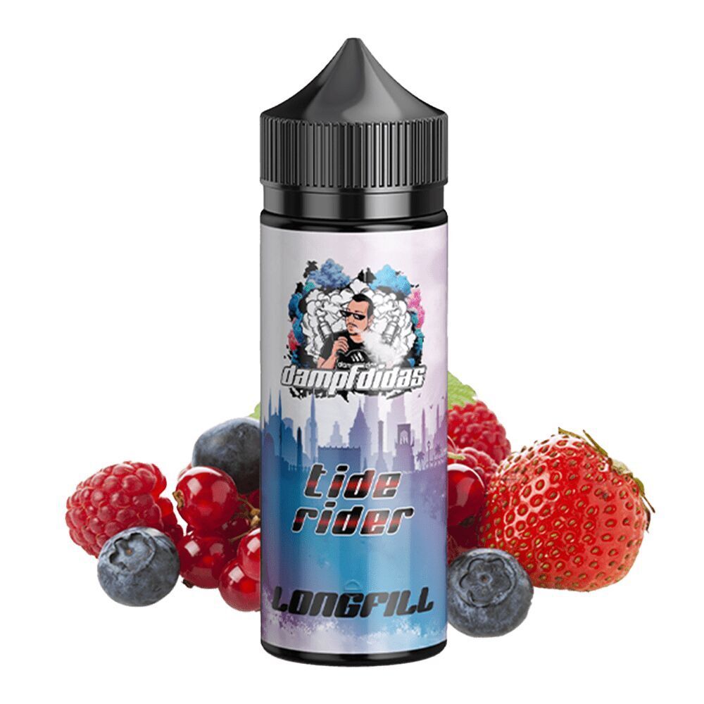Aroma Tide Rider von Dampfdidas Flasche Dampfdidas Aroma Tide Rider, umgeben von verschiedenen Beeren wie Erdbeeren, Blaubeeren und Himbeeren, mit stilisiertem Design und typografischem Logo.