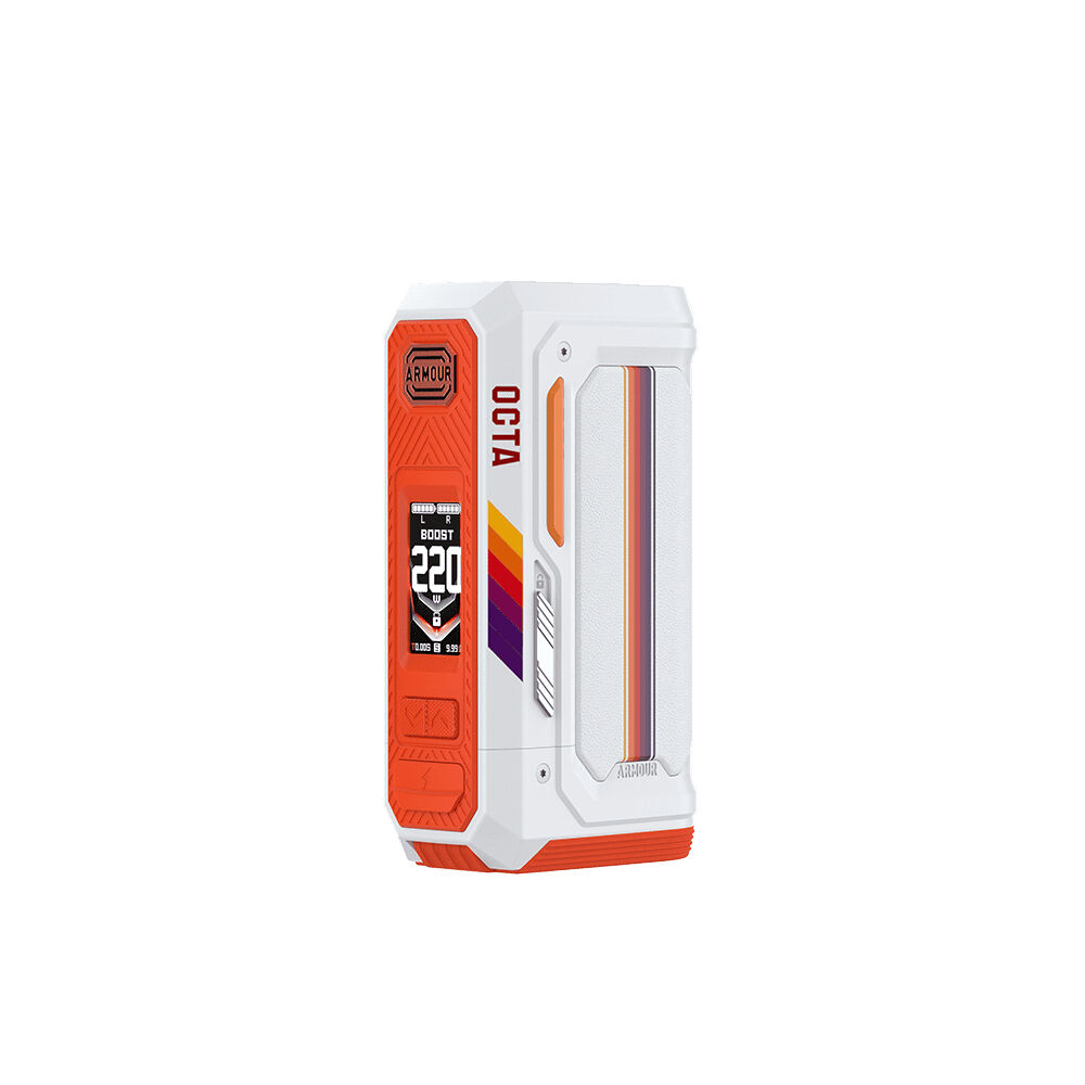 Vaporesso Armour Octa Akkuträger Vaporesso Armour Octa Akkuträger in Aero White, weiß mit orangen und lila Akzenten, Display zeigt 220W an, seitliches Griffdesign