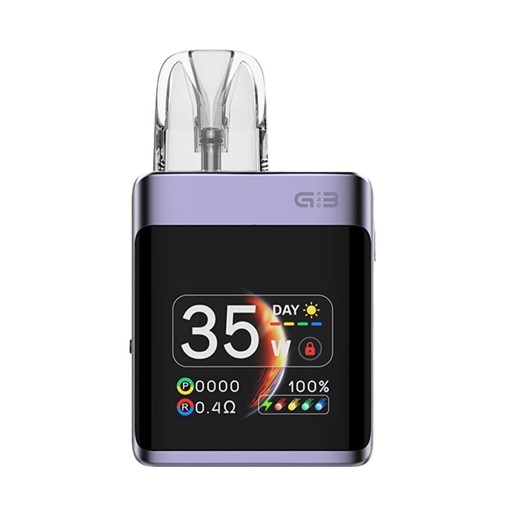 Uwell Caliburn G3 Pro Koko Pod Kit in der Farbe Lilac Purple Uwell Caliburn G3 Pro Koko Pod Kit in Lila, Display zeigt 35 Watt, 100% Batterieleistung, transparente Pod-Patrone oben.