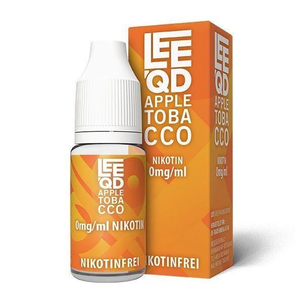 Liquid Tabak Apple Tobacco - Leeqd E-Liquid "Leeqd Apple Tobacco" in nikotinfreier 10 ml Flasche mit orangefarbenem Branding und Verpackung, Aufschrift "Nikotin 0mg/ml"