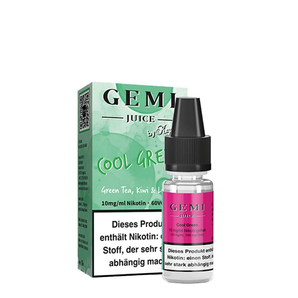 Kapkas Gemi Juice Nikotinsalzflasche und Verpackung von Cool Green, mit Aufschrift „Dieses Produkt enthält Nikotin“ und Geschmack Green Tea, Kiwi, Lime