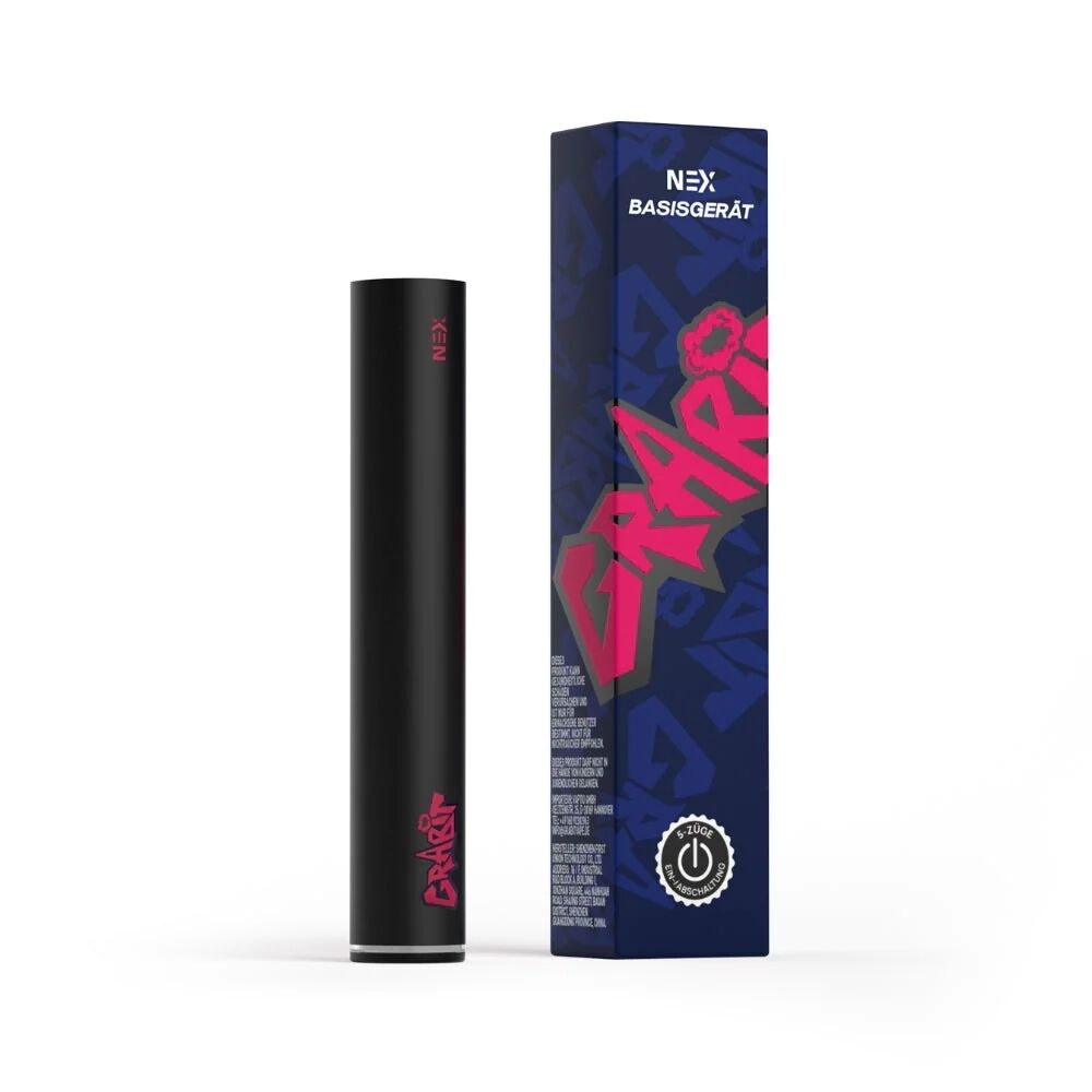 Grabit Nex Akku Basisgerät 500mAh in Schwarz mit pinkem Schriftzug, daneben eine blaue Verpackung mit pinker Aufschrift "Grabit"