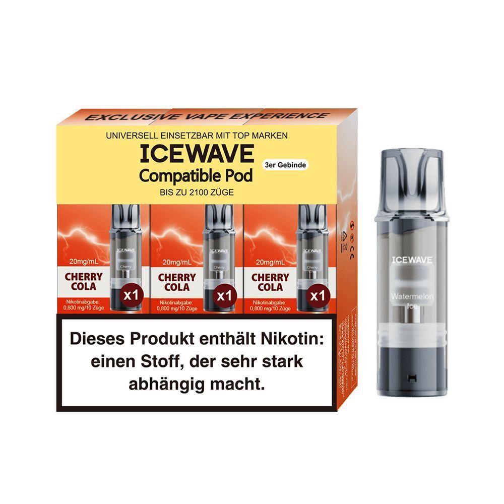 Icewave Pods - Cherry Cola 20mg Icewave Pods Cherry Cola 20mg Packung mit drei Pods, Warnhinweis zur Nikotinsuchtgefahr, Verpackung zeigt roten Blitzhintergrund
