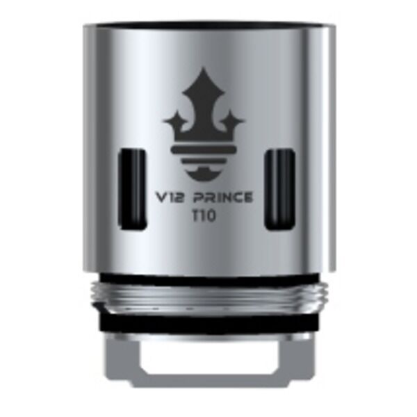 Smok TFV12 P-Tank T10 0,12 Ohm Verdampferköpfe Smok TFV12 P-Tank Verdampferkopf aus Metall mit schwarzem Logo und der Aufschrift V12 Prince T10, silberne Rillen unten sichtbar.