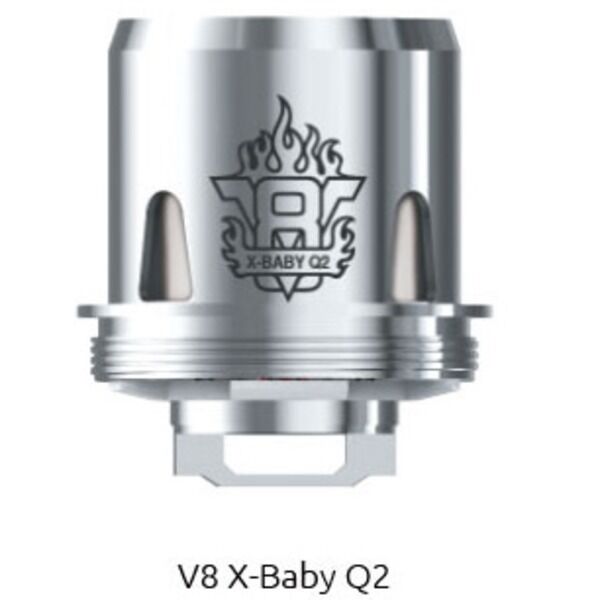 Smok X-Baby Q2 Verdampferköpfe 0,4 Ohm Verdampferköpfe - X-Baby Smok X-Baby Q2 Verdampferkopf 0,4 Ohm aus Metall mit seitlichen Schlitzen und eingraviertem Flammendesign, darunter der Schriftzug V8 X-Baby Q2.