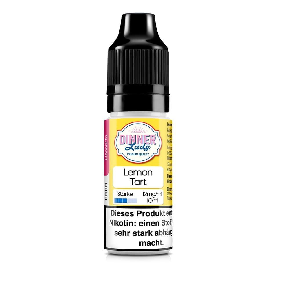 Dinner Lady Liquid - Lemon Tart 12mg Flasche mit schwarzer Kappe, gelbem Etikett und Warnhinweis zu Nikotin auf der Vorderseite