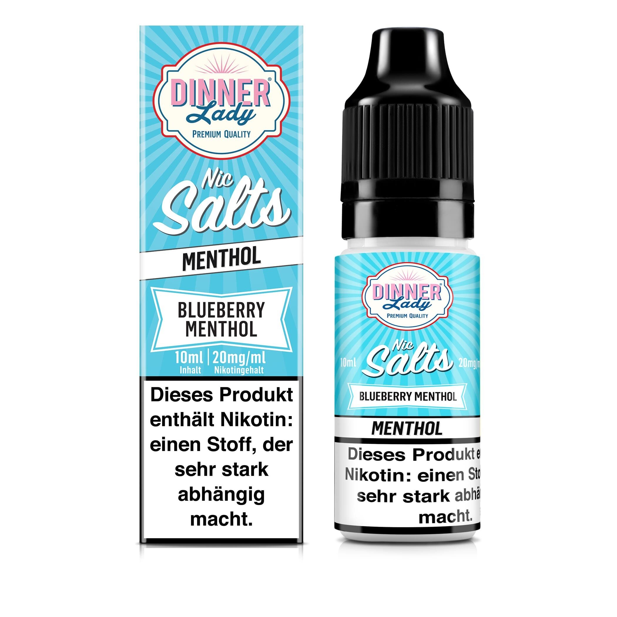 Liquid Blueberry Menthol mit 20mg Nikotin von Dinner Lady Dinner Lady Nic Salts Blueberry Menthol 20mg Flasche und Verpackung mit blauem Design und Warnhinweis über Nikotinabhängigkeit.