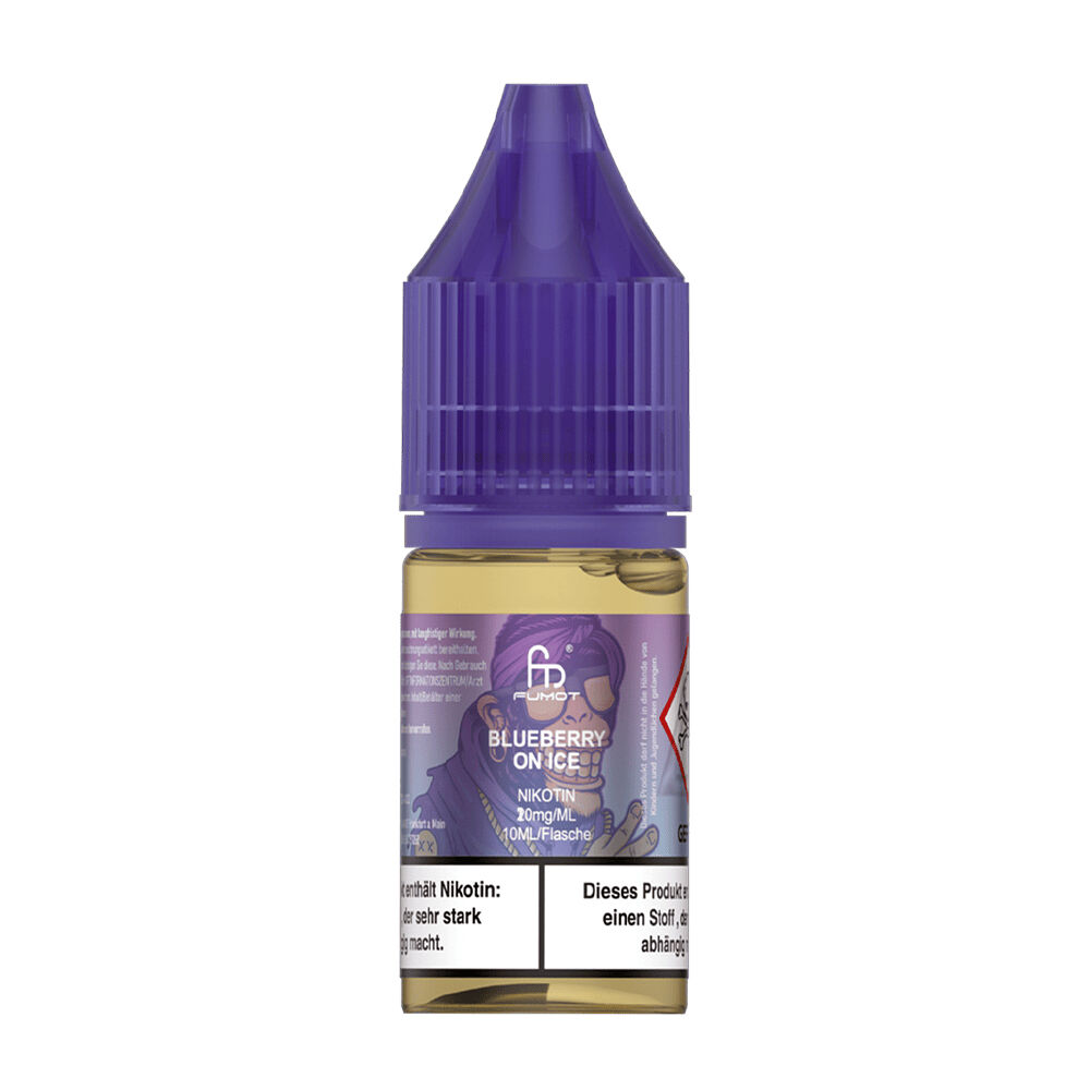 Flasche mit RandM Logo, violettem Verschluss, Etikett mit „Blueberry on Ice“, enthält Nikotinsalz-Liquid, 10mg, 10ml.