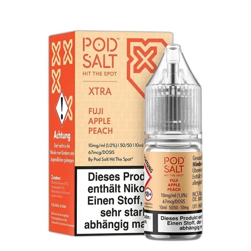 Liquid Fuji Apple Peach von Pod Salt Xtra Pod Salt Xtra Nikotinsalz Flasche und Verpackung, Fuji Apple Peach Geschmack, Warnhinweis vor Nikotinabhängigkeit, orange-weiße Gestaltung