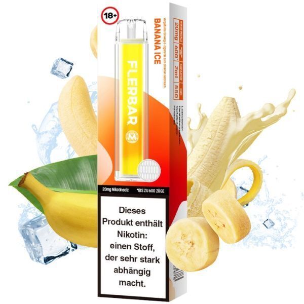 Banana Ice mit 20mg Nikotin Flerbar E-Shisha Flerbar Banana Ice 20mg Vape-Stick mit gelbem Design, umgeben von Bananen, Eiswürfeln und Milch; Warnhinweis auf Nikotinabhängigkeit.