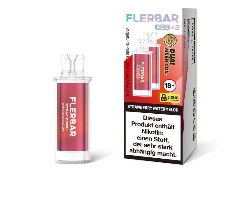 Strawberry Watermelon 20mg - Flerbar Pods Flerbar Pods Strawberry Watermelon 20mg, rote E-Zigaretten-Pods, verpackt mit Warnhinweis über Nikotinsucht, Dual Mesh Coil hervorgehoben.