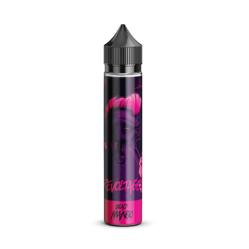 revoltage-longfill-aroma-black-mango Revoltage Longfill Aroma Black Mango Flasche mit Totenkopfdesign und pinkem Schriftzug auf schwarzem Hintergrund