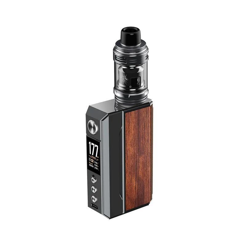 Voopoo Drag 4 Pod Kit in der Farbe Gun Rosewood Voopoo Drag 4 Pod Kit mit Gun Rosewood Design, schwarzer Bildschirm zeigt "177", mit silbernen Bedienelementen und durchsichtigem Verdampfer.
