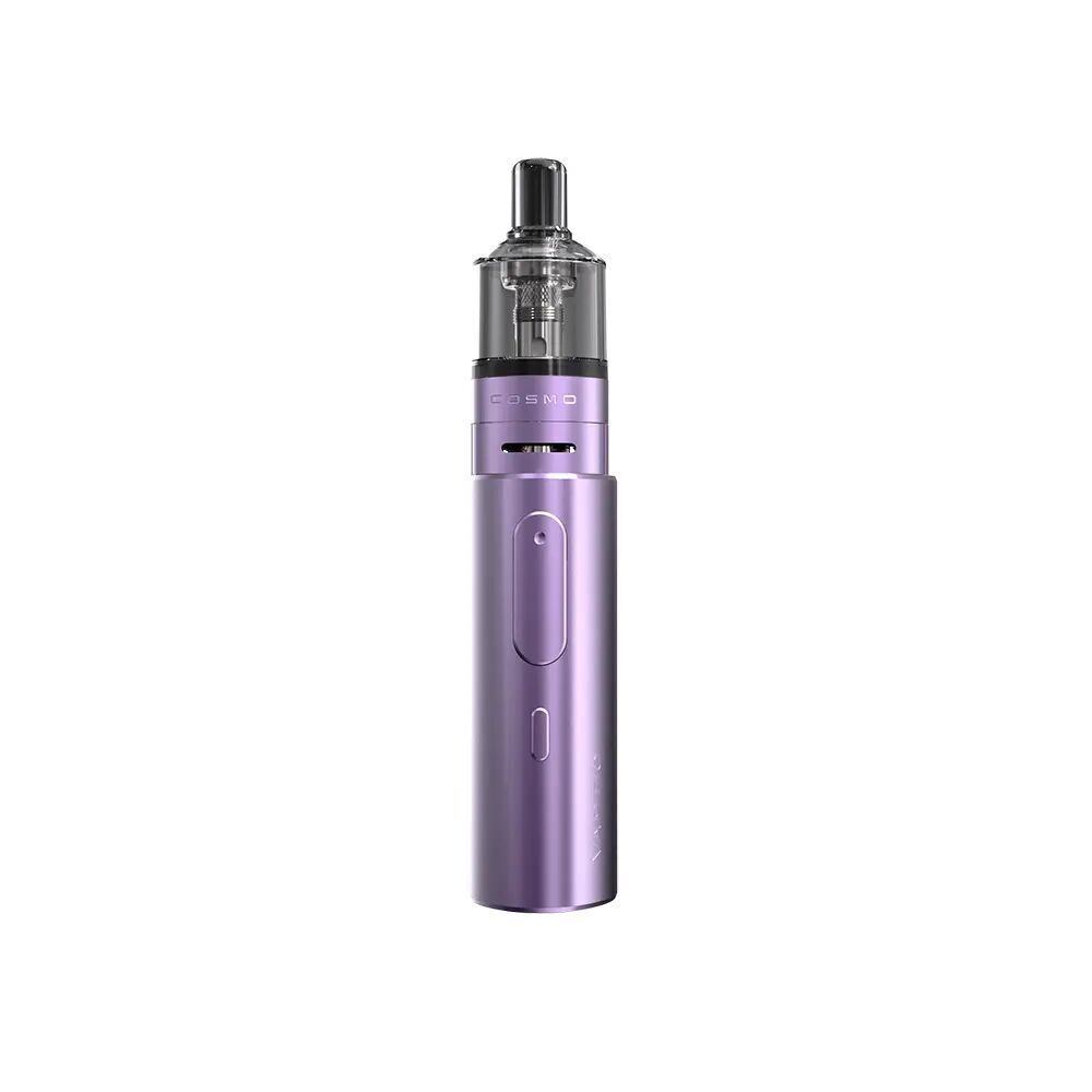 Lila Vaptio Cosmo Prime Kit E-Zigarette mit glattem Körper, sichtbarem Tank und Mundstück, horizontale Belüftungsschlitze.