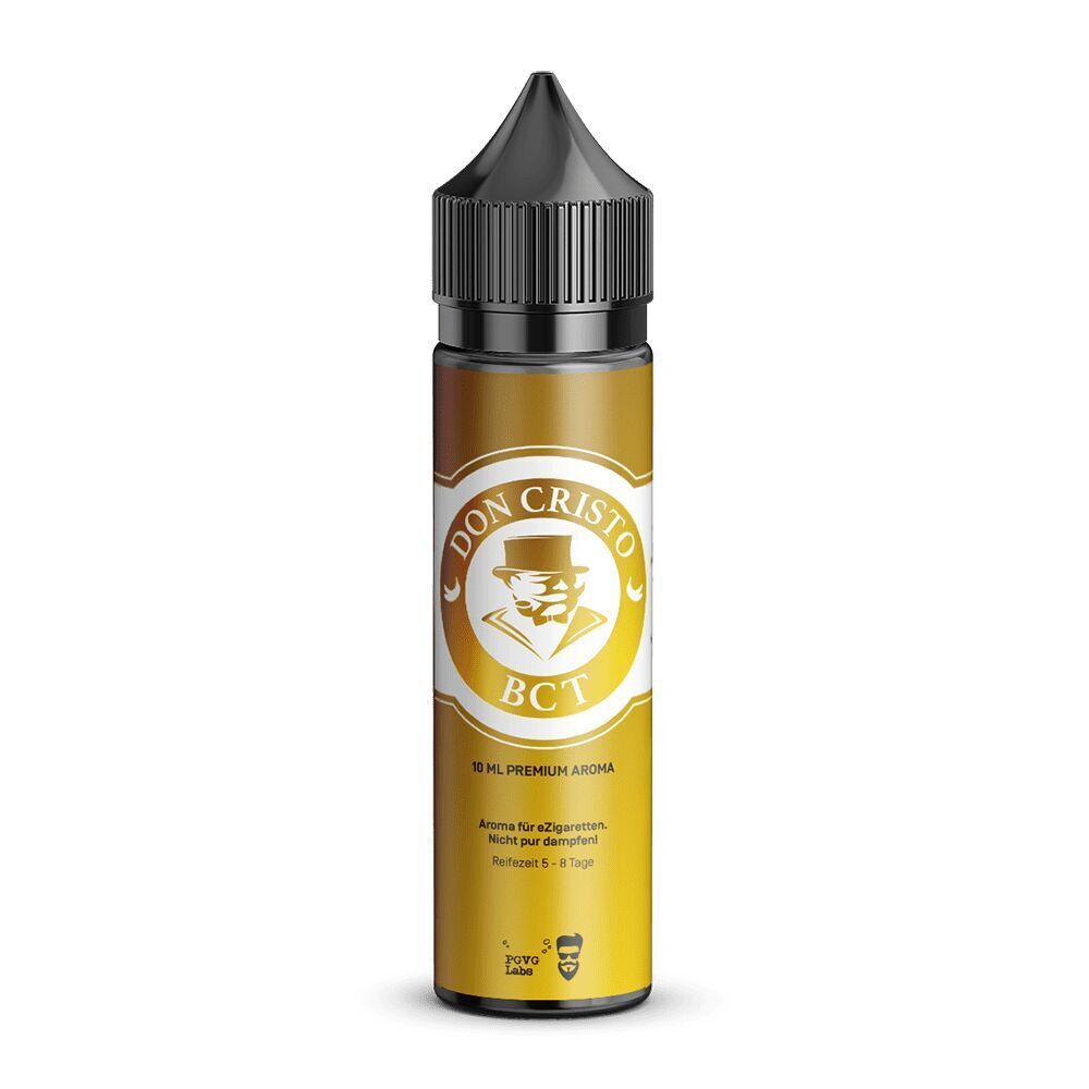 Aroma Don Cristo BCT von PG/VG Labs Don Cristo BCT Aroma-Flasche mit schwarzem Verschluss, goldener Etikett mit Logo, Text: "10 ML Premium Aroma", "Reifezeit 5–8 Tage"
