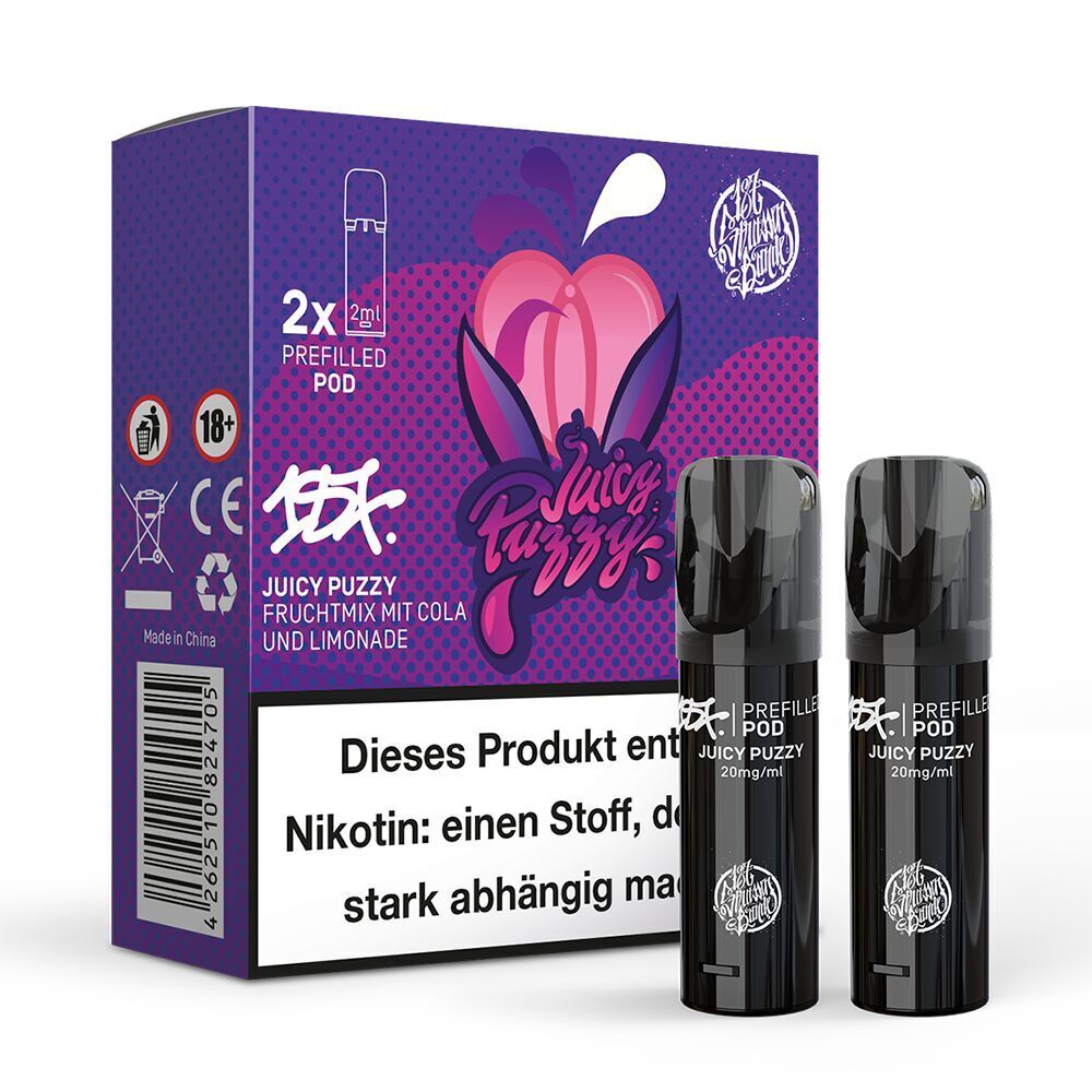 Juicy Puzzy 20mg - 187 Strassenbande Pods Zwei schwarze 187 Strassenbande Pods Juicy Puzzy 20mg vor einer Verpackung mit pinkem Design, Alterswarnhinweis und Inhaltsangaben.