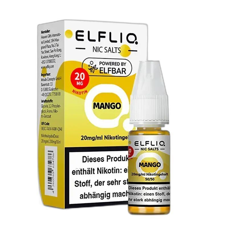 Elfliq Nikotinsalz - Mango 20mg Elfliq Nikotinsalz Mango 20mg Flasche und Verpackung, gelbe und weiße Farbtöne, Logos und Warnhinweise sichtbar.