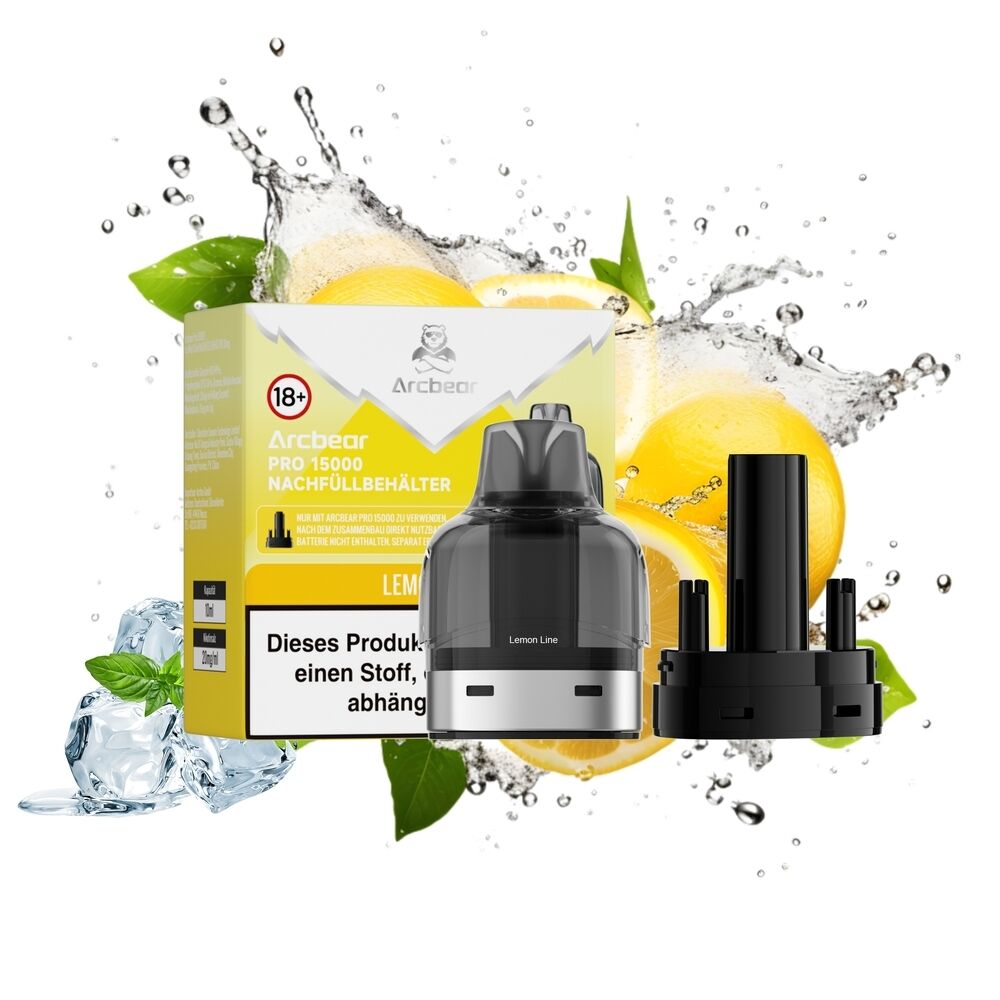 Arcbear Pro 15000 Pods - Lemon Line 20mg Arcbear Pro 15000 Pods - Lemon Line 20mg mit Verpackung, flüssige Zitronenspritzer, Zitrusfrüchte und Eiswürfeln hinter dem Produkt.