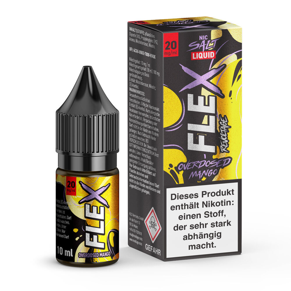 Flasche und Verpackung von Revoltage Flex Nikotinsalz Overdosed Mango 20mg mit Warnhinweis über Nikotinabhängigkeit.