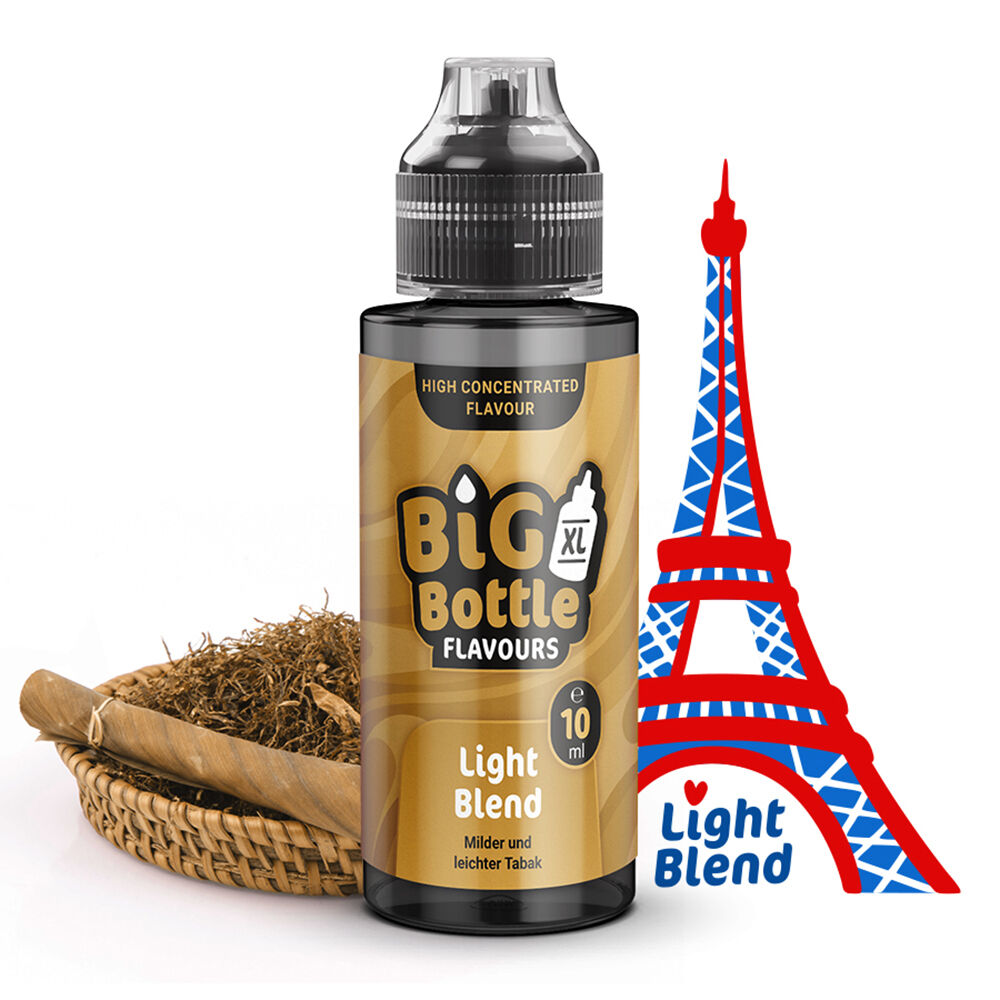 Light Blend - Big Bottle Flavours Flasche Big Bottle Flavours Aroma Light Blend mit Tabak und stilisiertem Eiffelturm im Hintergrund, leichte Tabakaromen.