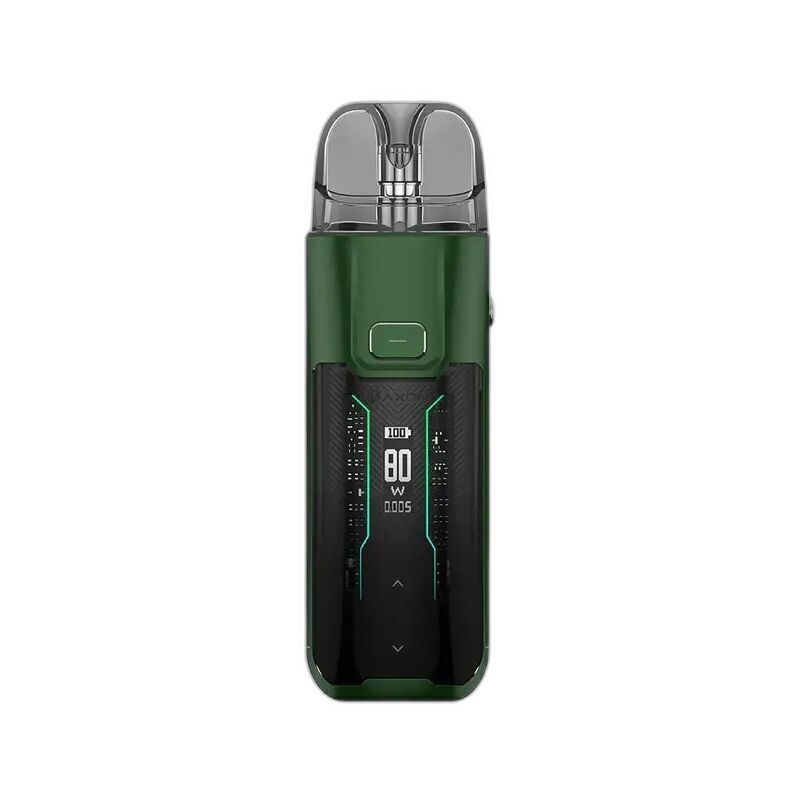 Vaporesso Luxe XR Max Pod Kit Forest Green Vaporesso Luxe XR Max Pod Kit in Forest Green mit transparentem Mundstück, digitalem Display und seitlichem Knopf.