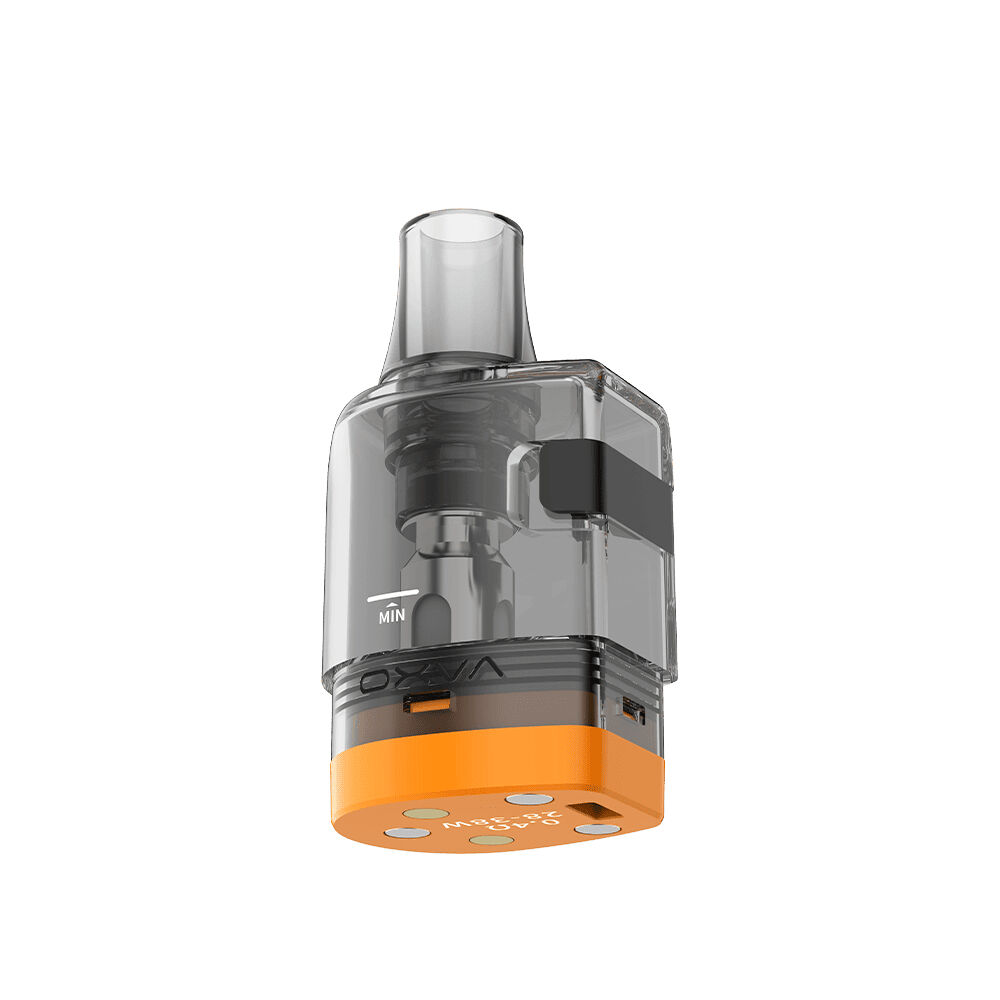 Oxva Oneo Pro Pods mit Coil Oxva Oneo Pro Pod mit transparenter Kammer und orangefarbenem Boden, Sichtfenster mit Min-Anzeige und Coil-Kontakten darunter.