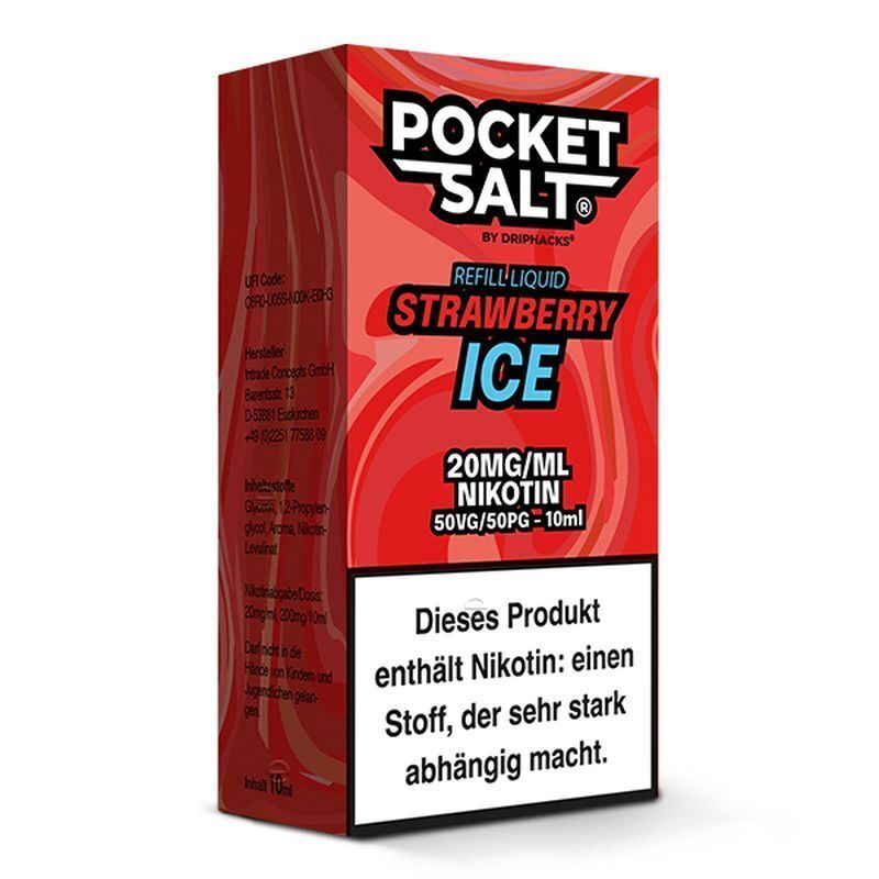 Pocket Salt Strawberry Ice Nikotinsalz-Verpackung mit rotem Hintergrund und Textangaben, enthält Nikotinwarnung auf weißem Feld