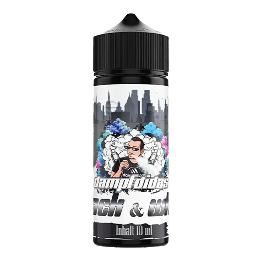 Dampfdidas Aroma Black & White Flasche mit einem illustrierten Mann vor einer Skyline und bunten Rauchwolken, Inhalt 10 ml