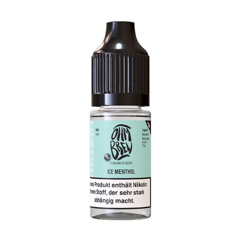 Ohm Brew Nikotinsalz - Ice Menthol Eine Flasche Ohm Brew Nikotinsalz Ice Menthol 18mg mit schwarzem Tropfer, türkisfarbenem Etikett und Warnhinweis zu Nikotin.