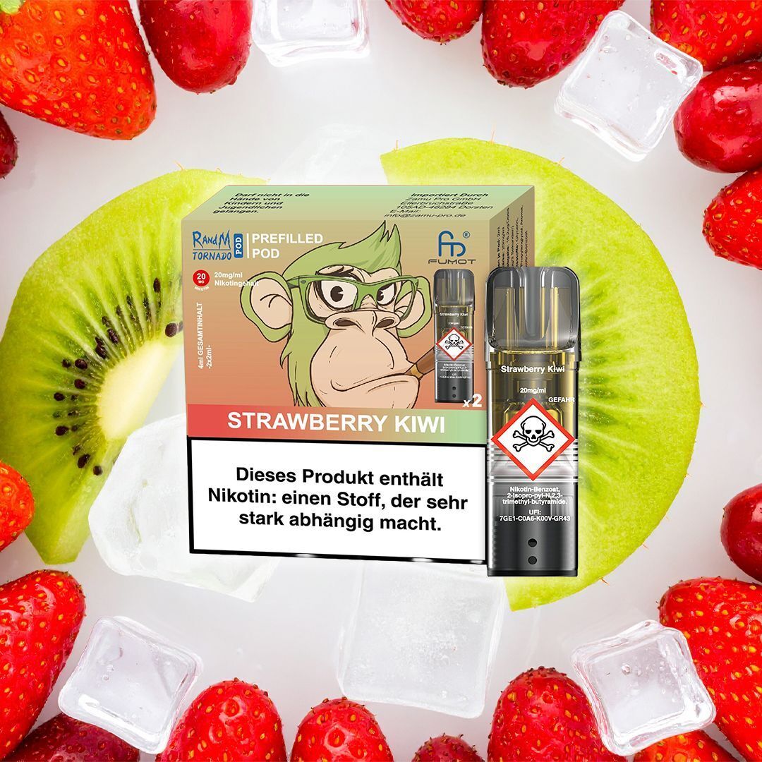 RandM Tornado Pods - Strawberry Kiwi Verpackung der RandM Tornado Pods - Strawberry Kiwi mit Affenillustration, umgeben von Erdbeeren, Kiwi und Eiswürfeln, Warnhinweise sichtbar