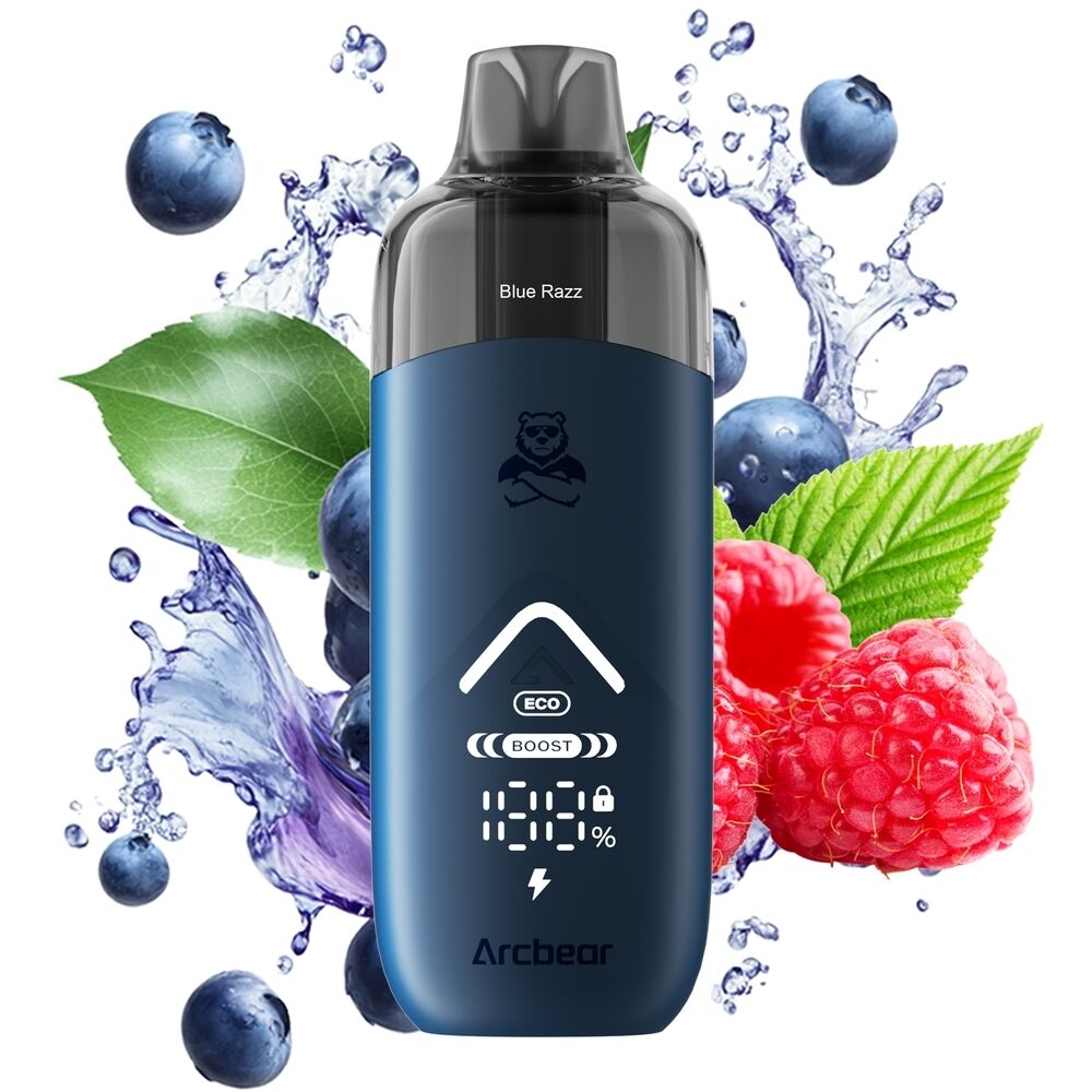 Arcbear Pro 15000 Set - Blue Razz 20mg Arcbear Pro 15000 Set in Blau mit Aufdruck Blue Razz, umgeben von spritzendem Wasser, Blaubeeren, Himbeeren und grünen Blättern.