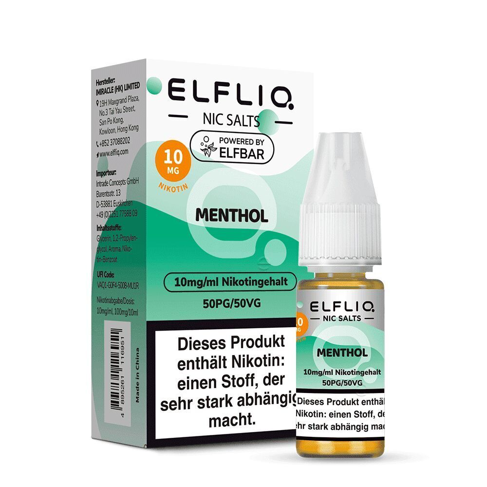 Elfliq Nikotinsalz - Menthol 10mg Elfliq Nikotinsalz Menthol, 10mg/ml Nikotingehalt, 10ml Flasche neben passender Verpackung mit Warnhinweis zu Abhängigkeit.